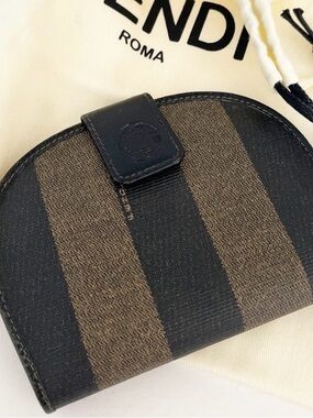 FENDI Penguin Strips Vintage Wallet Purse Canvas Leather Brown